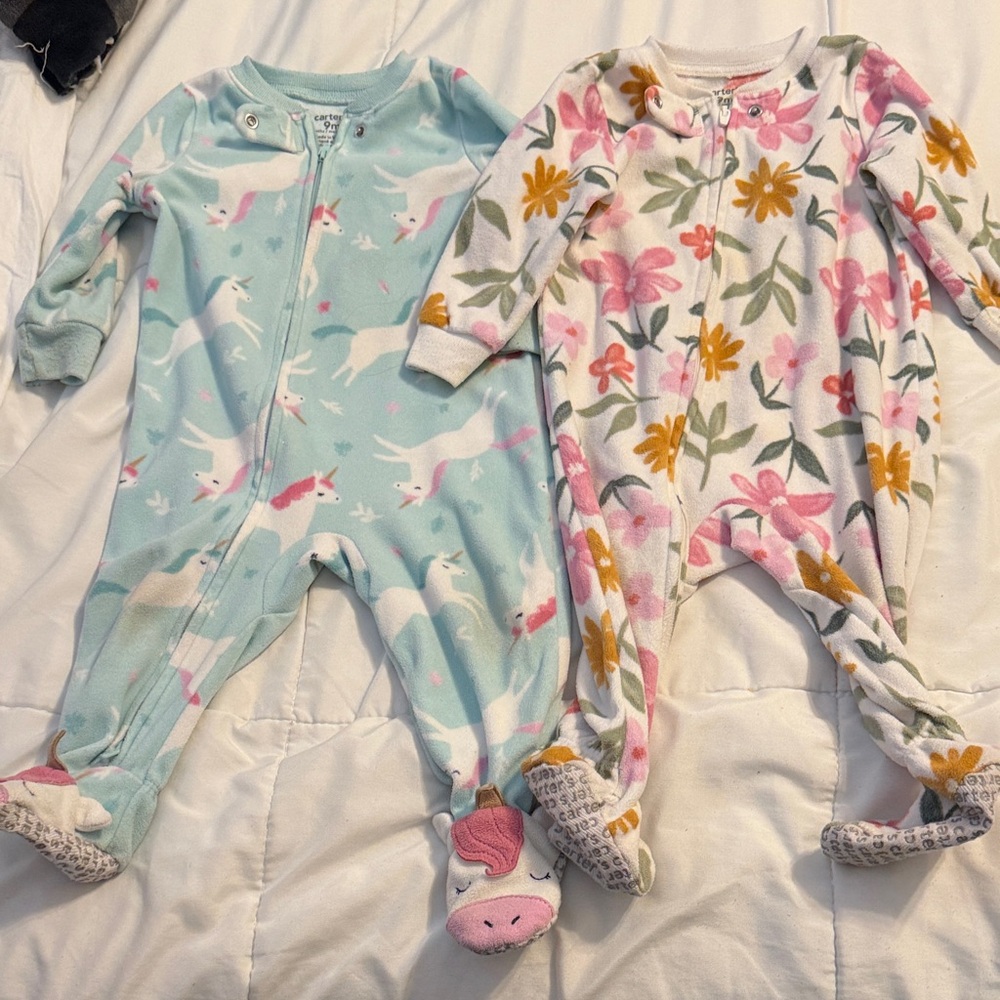 Carter's Unicorn & Floral Footed Pajama Set - Pastel Blue, White, Pink & Mustard